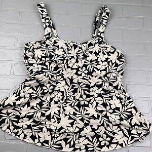 Lands End Swim Top Women XLarge 18‎ Black White Floral Bra Pads Tankini